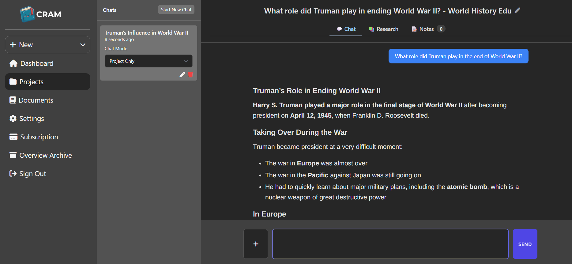 Cram project workspace showing a conversation grounded in a World War II research corpus